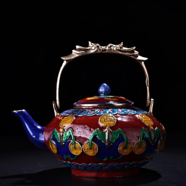 Asian Vintage Ming Cloisonne Enamel Teapot – Red Ground Gilt Bat & Coin Motif For Sale - Image 3 of 9