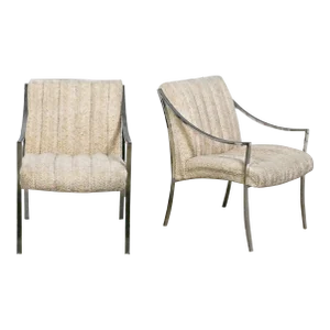 1970’s MCM to Modern Accent Chairs by Carsons Inc With Chrome Frames & Oatmeal Herringbone Fabric a Pair