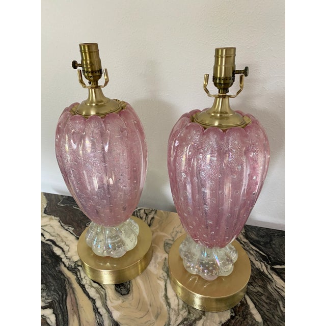 Vintage 1950s Venetian Glass Murano Ballerina Lamps in Pink With Brass Accents - a Pair For Sale - Image 13 of 13