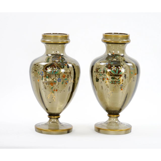 French Pair Antique French Hand Gilt / Decorated Enameled Gray Tinted Glass Vases For Sale - Image 3 of 12