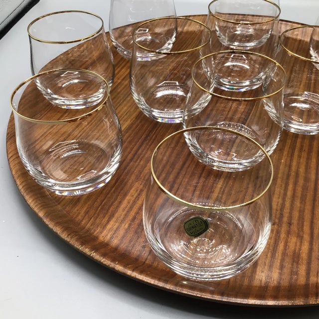 Bohemian Crystalex Geneve Old Fashion Gold Rim Whiskey/Scotch/Bourbon Glasses With Pressed Teak Tray-Set of 13 For Sale - Image 10 of 13