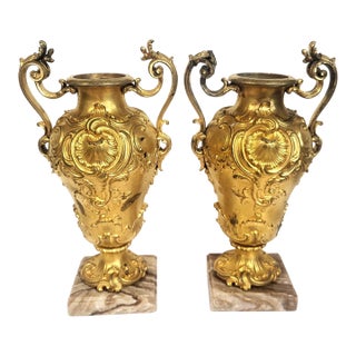 Pair Antique French 19th C Rococo Gilt Bronze Urns Barbedienne Vase on Marble For Sale