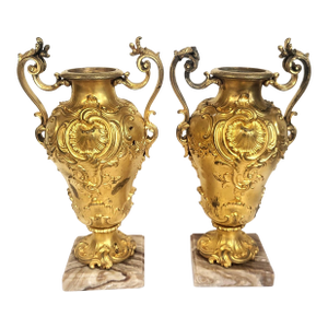 Pair Antique French 19th C Rococo Gilt Bronze Urns Barbedienne Vase on Marble