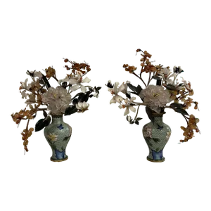 Pair of 1930s Chinese Hardstone Floral Arrangements in Cloisone Vases