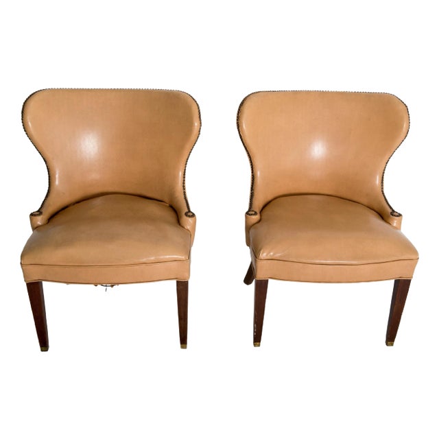 Pair of Grosfeld House Beige Faux Leather Club Chairs For Sale