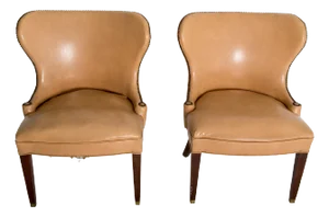 Pair of Grosfeld House Beige Faux Leather Club Chairs