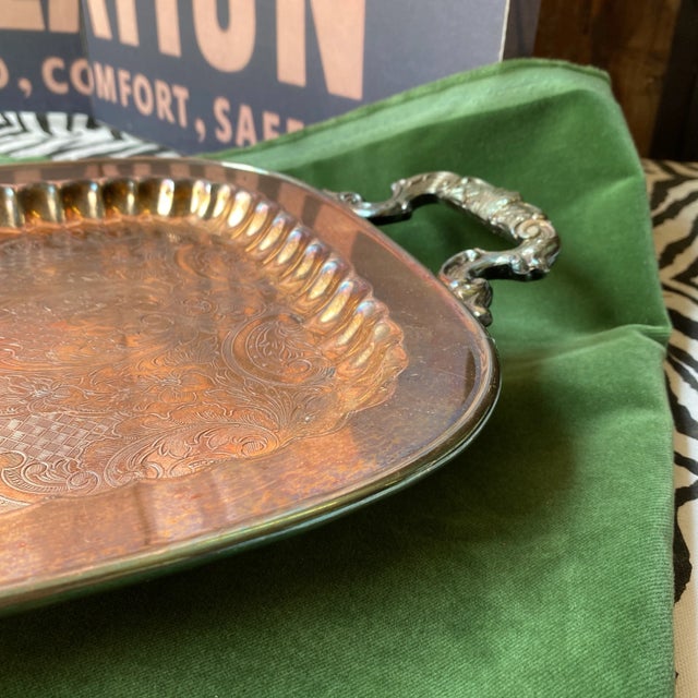 1970s Large Footed Silver Serving Tray With Etchings For Sale - Image 9 of 11