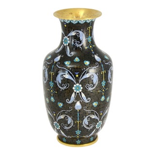 Aqua Floral Chinese Noir Cloisonné Vase For Sale