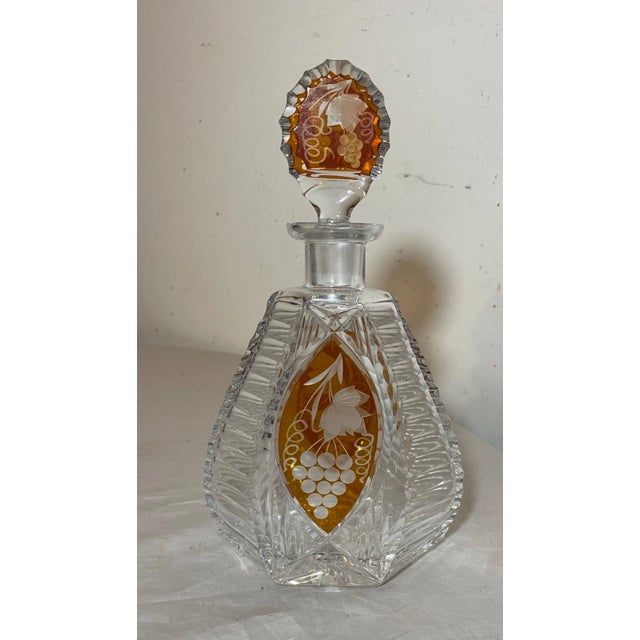 Glass Vintage Orange Cut to Clear Czech Bohemian Crystal Glass Liquor Decanter Bottle For Sale - Image 7 of 12