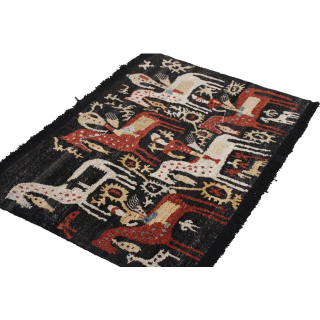Tribal Handknotted Horse and Hunter Rug in Black, 3'x6' For Sale - Image 3 of 6