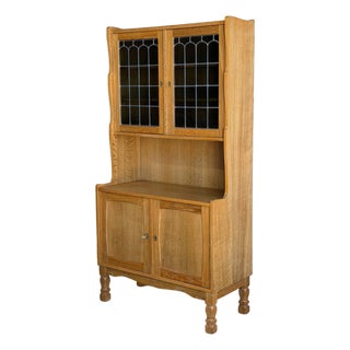 Vintage Danish Oak Hutch Cabinet in Style of Henning Kjærnulf Leaded Glass Bookcase For Sale