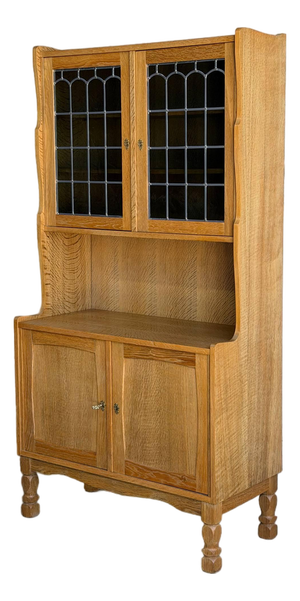 Vintage Danish Oak Hutch Cabinet in Style of Henning Kjærnulf Leaded Glass Bookcase