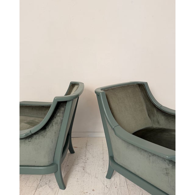 Mid-Century Modern French Lounge Chairs in Green Velvet and Lacquered Wood, 1950, Set of 2 For Sale - Image 10 of 17