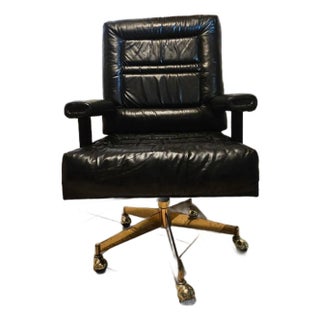 Rare Vintage John Widdicomb Hollywood Regency Ebonized Leather Roller Desk Chair With Brass Legs For Sale