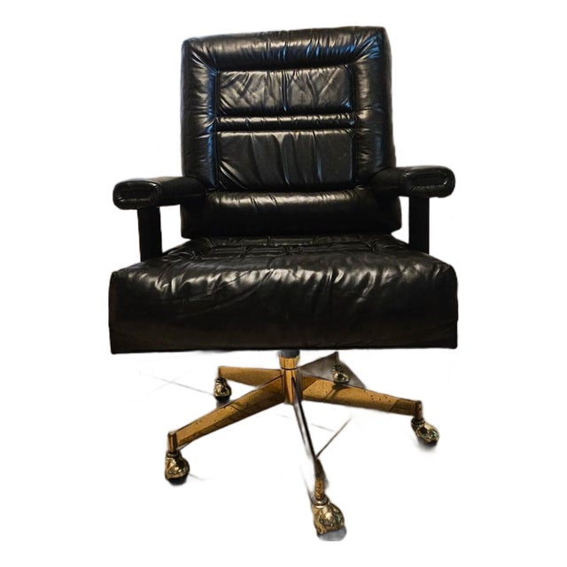 Rare Vintage John Widdicomb Hollywood Regency Ebonized Leather Roller Desk Chair With Brass Legs For Sale