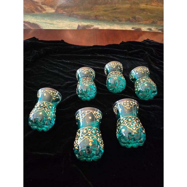 Glass Vintage Mid Century Set Six Aquamarine Moser Glasses For Sale - Image 7 of 11