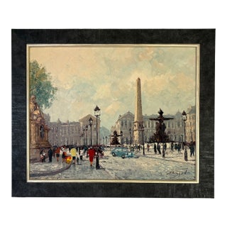 Mid 20th Century Exquisite Marcel Brisson Place De La Concorde, Paris, Street Scene Framed Oil Painting For Sale