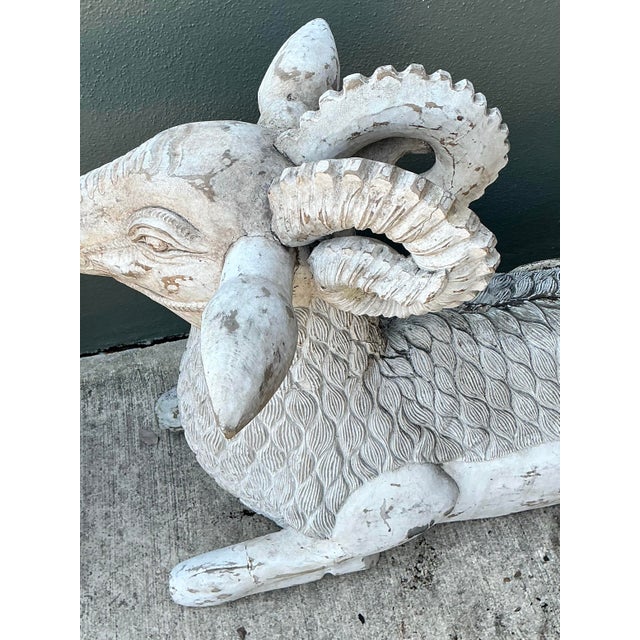 Vintage Monumental Distressed Hand Carved Rams - A Pair For Sale - Image 13 of 13