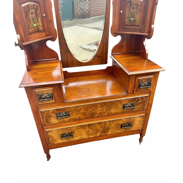 Antique Art Nouveau Burled Walnut Ladies Dresser With Oval Folding Mirrors For Sale In Boston - Image 6 of 11