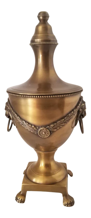 Antique Brass Four Footed Ringed Lion Head Urn