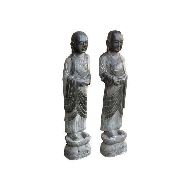 Pair Black Gray Stone Carved Standing Monk Arhat Lohan Statues For Sale - Image 4 of 11