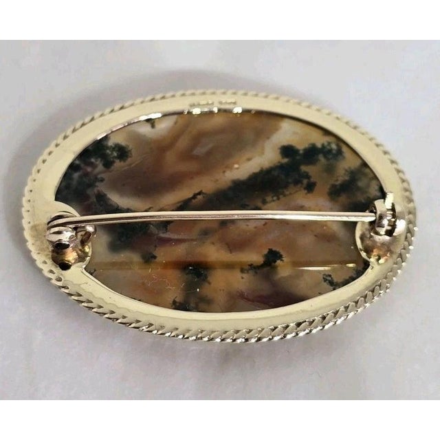 Vintage 9ct Yellow Gold Moss Agate Brooch, Sheffield, 1989 For Sale - Image 14 of 18