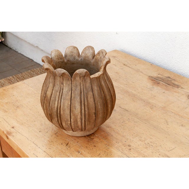 Large Carved Brown Marble Lotus Bowl For Sale - Image 4 of 9