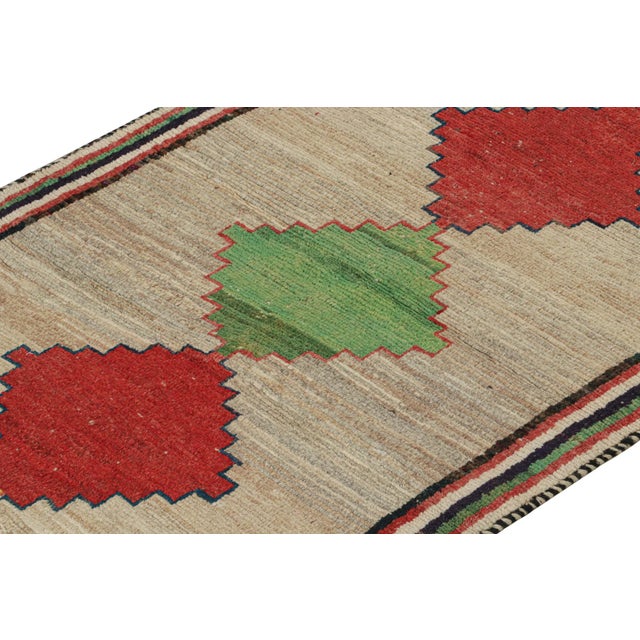 Rug & Kilim 1950s Vintage Persian Tribal Runner in Beige With Green and Red Medallions by Rug & Kilim For Sale - Image 4 of 8