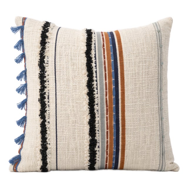 Boho Textured Striped Cushion Cover With Fringe & Tassels | Handwoven Embroidered Cushion Cover | Neutral Rustic Decor | 50 X 50 Cm Set of 2 For Sale