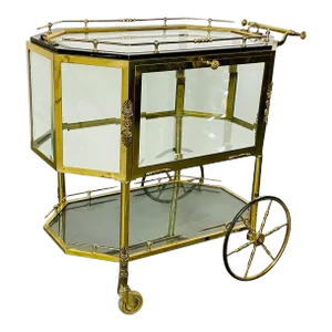 Hollywood Regency Beveled Glass, Bronze and Brass Tea Wagon or Serving Cart