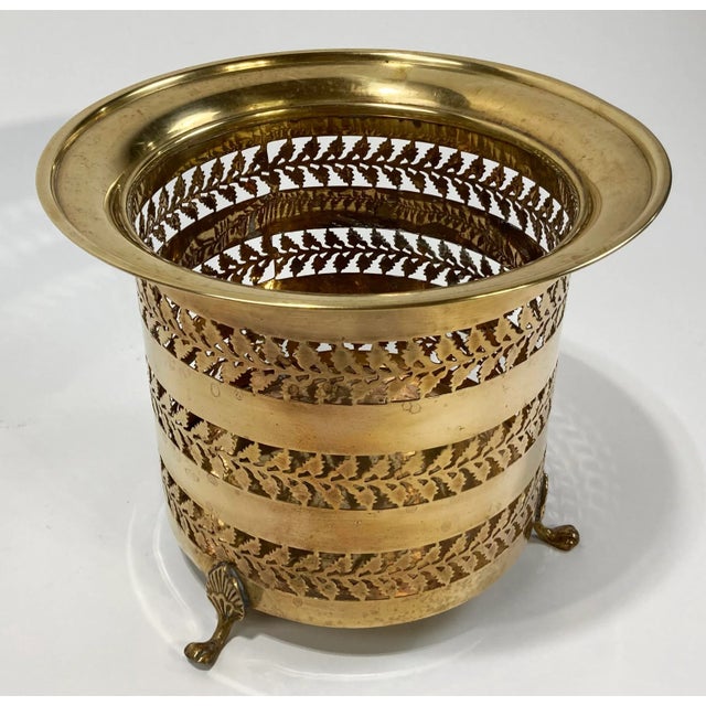Hollywood Regency Vintage Perforated Footed Brass Planter or Waste Bin For Sale - Image 3 of 7
