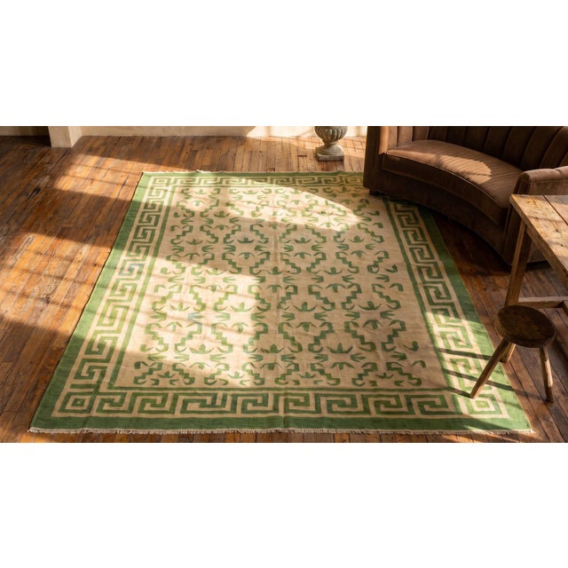 1940s Ivory Green Greek Key Antique Indian Dhurrie Rug 7' 3" X 10' 0" Knotted Wool Carpet For Sale - Image 9 of 9