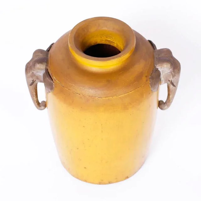 Antique Japanese Painted Wood Vase With Elephants For Sale - Image 4 of 6