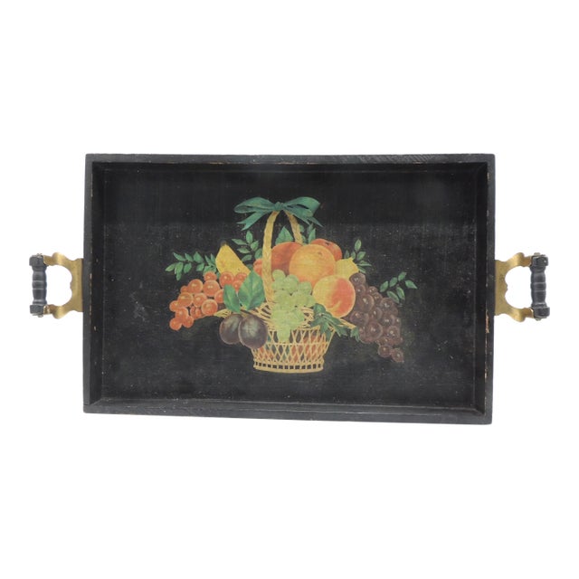 Vintage Painted Black Wood Rectangular Serving Tray With Handles For Sale