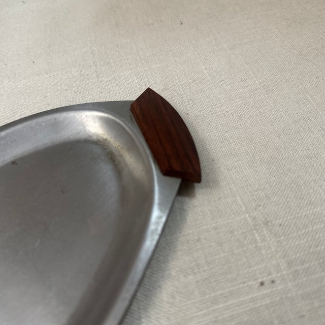 1970s Small 1970s Silver-Tone Metal Serving Tray With Wooden Teak Handles For Sale - Image 5 of 7