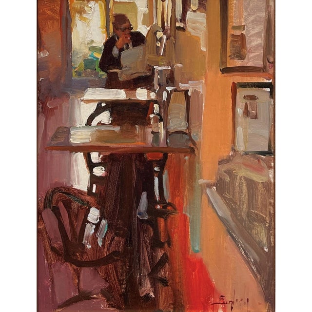 Fast Food Lunch by Kim English | Oil on Board Scene of a diner with a person eating lunch. For Sale