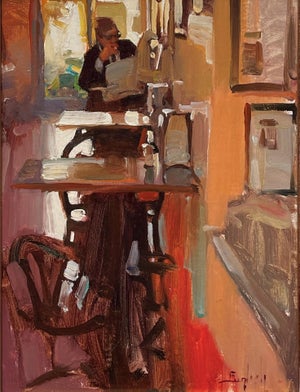 Fast Food Lunch by Kim English | Oil on Board Scene of a diner with a person eating lunch.