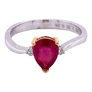 1.35 Carat Pear Cut Natural Ruby and Diamonds in 14k white gold Curved Ring, Size 7