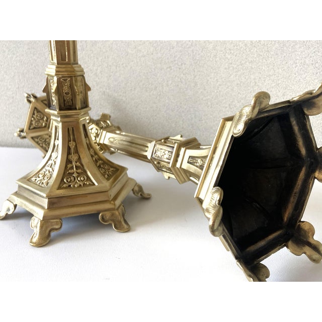 Antique Neo-Gothic Gilt Bronze Candlesticks, Set of 2 For Sale - Image 12 of 14
