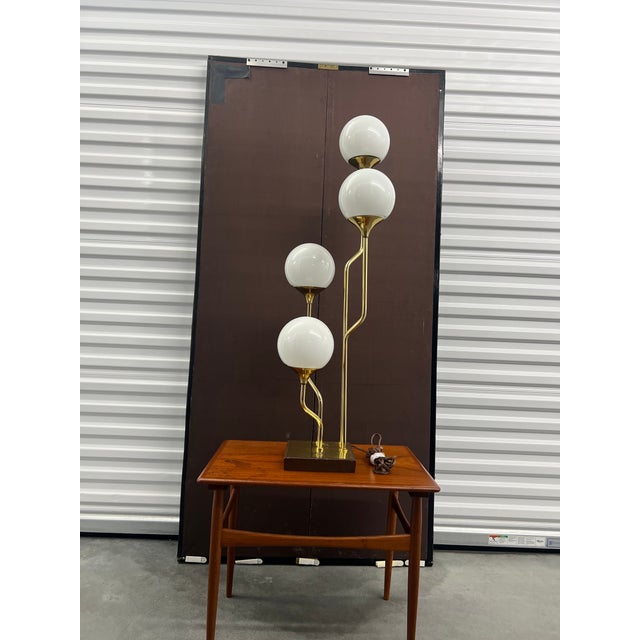 Attributed Goffredo Reggiani Italian Brass & Opaline Glass Four Globe Table Lamp, 1970s For Sale - Image 10 of 18