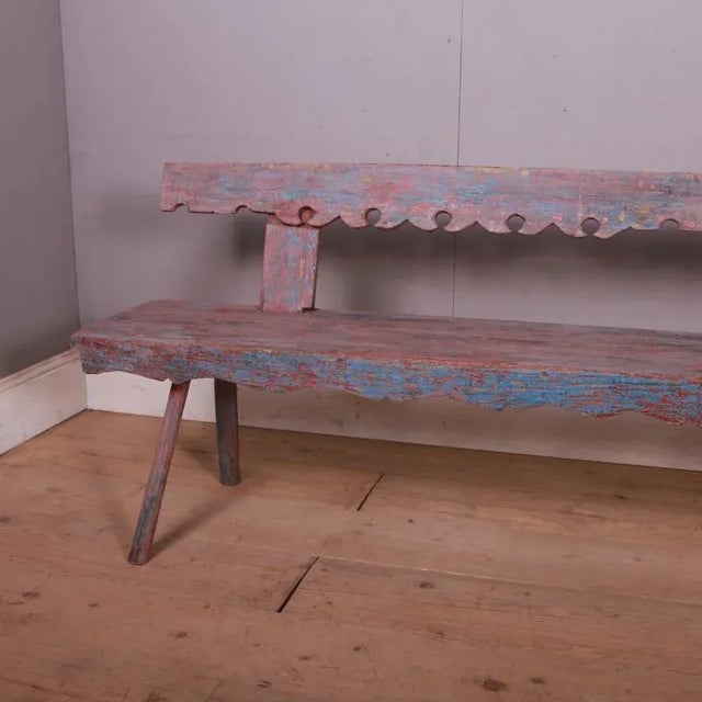 19th Century original painted Austrian settle bench. 1830. Seat height is 16". This piece is designed in the style of the...