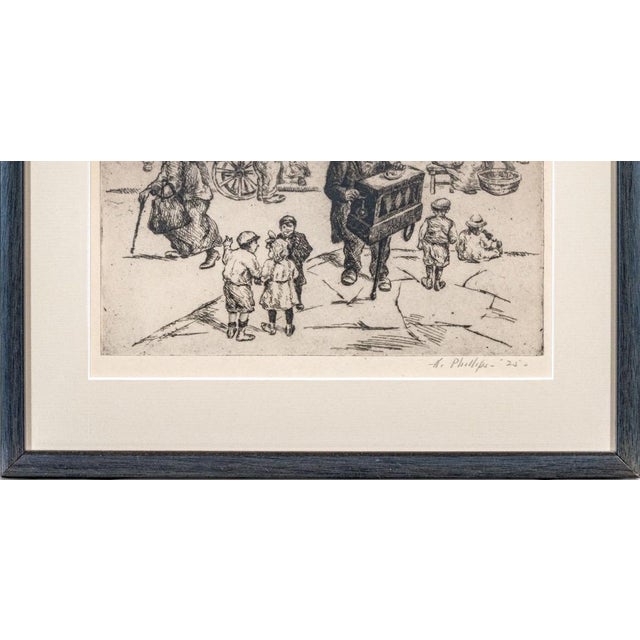1920s Abraham Phillips Signed Etching Organ Grinder Street Scene 1925 For Sale - Image 5 of 14
