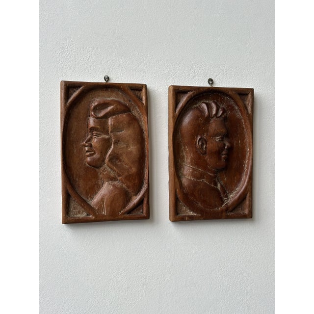 Brown Vintage Bas Relief Profile Portraits, a Pair, Circa 1930s-40s For Sale - Image 8 of 11