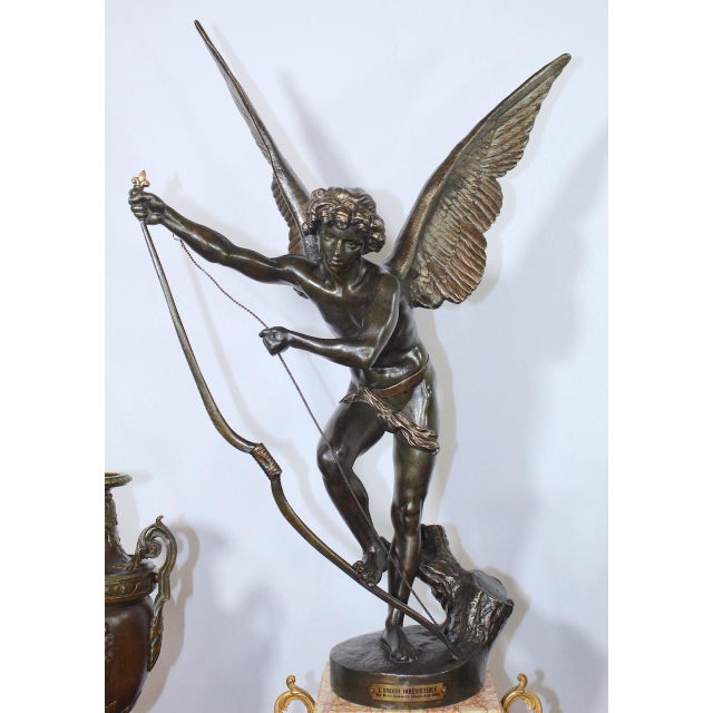 Antique Clock Garniture Rare French 1896 "Amour Irresistible" Angel Statue Pink Marble 3-Piece Mantel Set For Sale In Naples, FL - Image 6 of 17