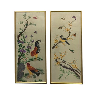 Vintage Mid-Century Chinese Embroidered Rooster and Bird Panels - A Pair For Sale