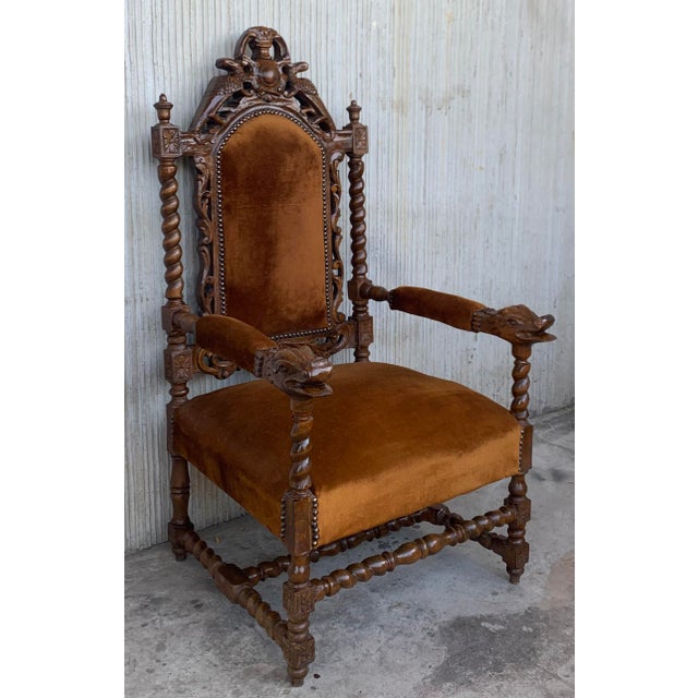 Baroque Early 20th Century Vintage Louis XVI Style Spanish Pair of Carved Walnut Armchairs - a Pair For Sale - Image 3 of 13