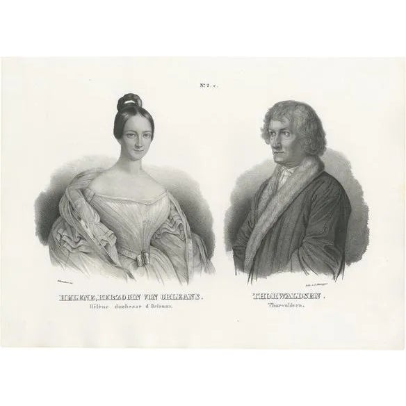 J. Honegger, Princess Hélène of Orléans and Bertel Thorvaldsen, 1845, Litograph on Paper For Sale