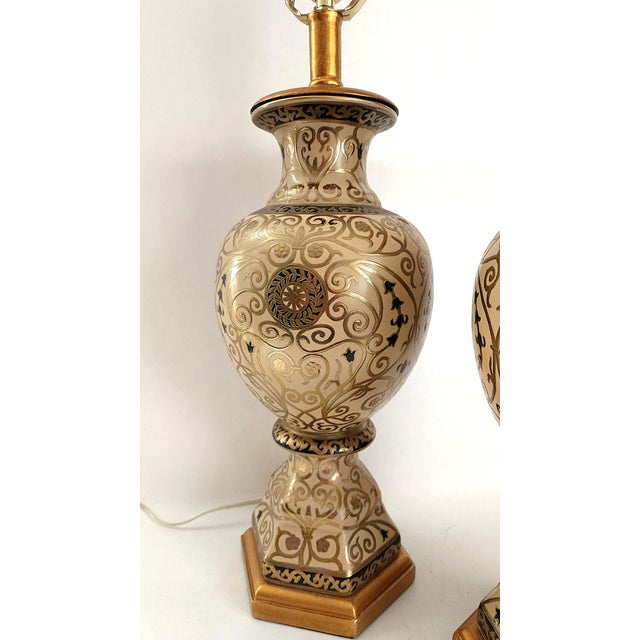 Vintage Hand Painted Ceramic Moorish Table Lamps Restored - A Pair For Sale - Image 10 of 14