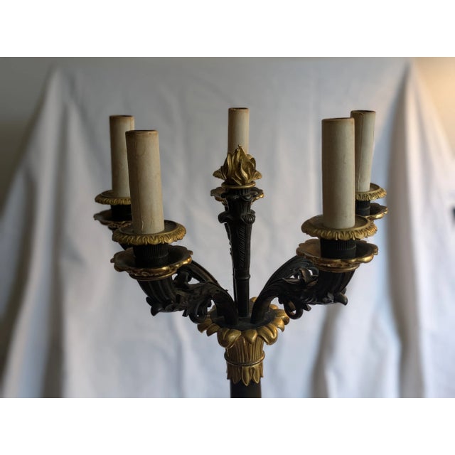 Metal French Empire Bronze Dore Candelabrum Featuring a Gilt Flame Finial; Possibly Thornier For Sale - Image 7 of 9