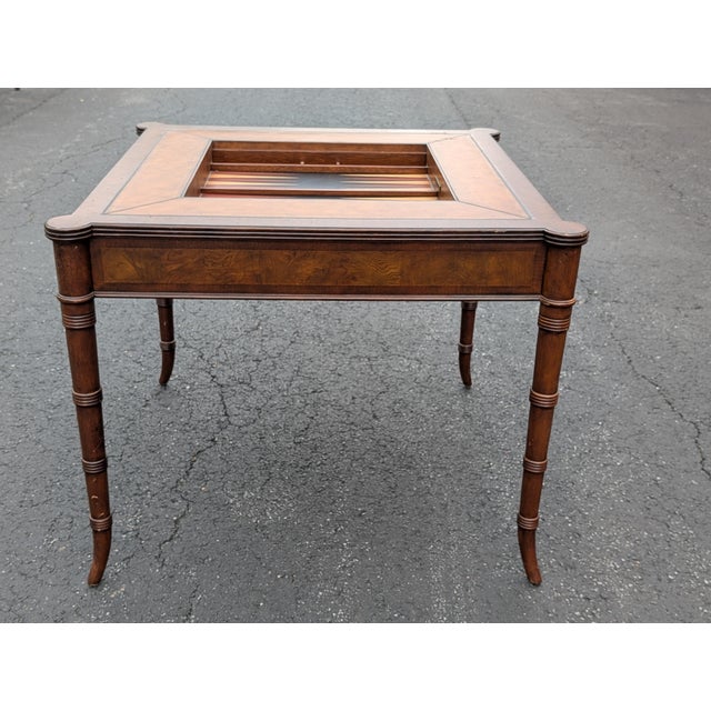 Mid 20th Century Ethan Allen Hollywood Regency Inlaid Leather Game Table With Cane-Cut Legs For Sale - Image 12 of 14